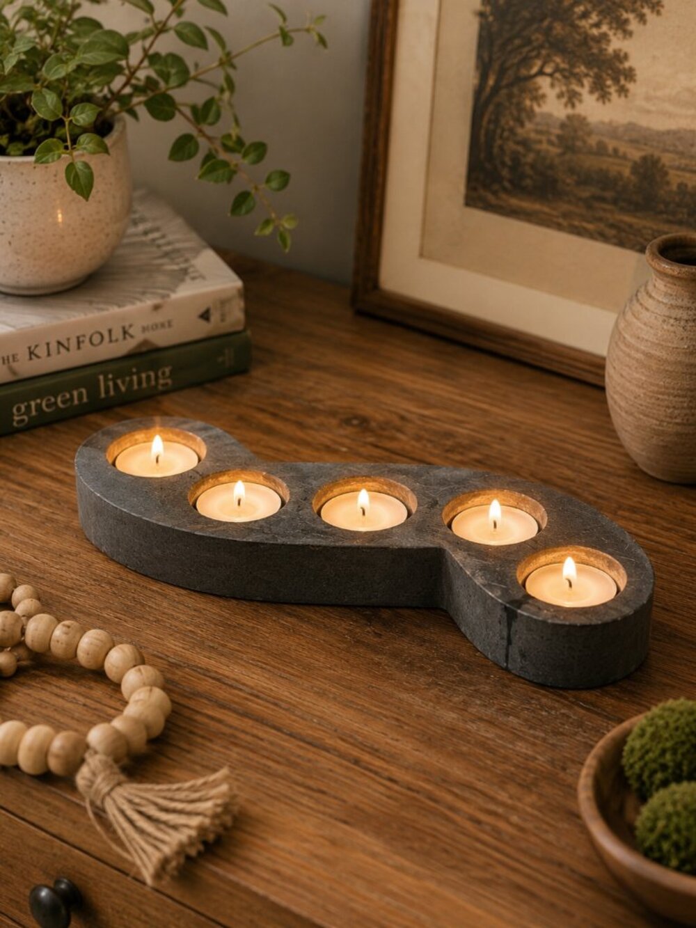 Vintage Hand Carved Soapstone Tealight Candle Holder 5 Light India 9"